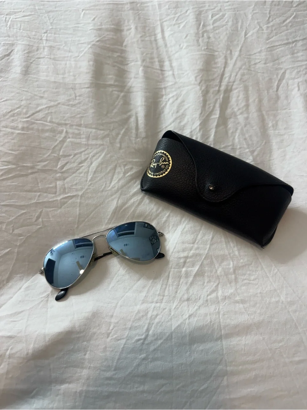 Ray-Ban Silver Frame Sunglasses with Blue Lenses and case